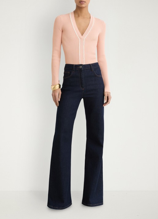 Reiss Lauri ribgebreide top met V-hals - voorkant 2 roze