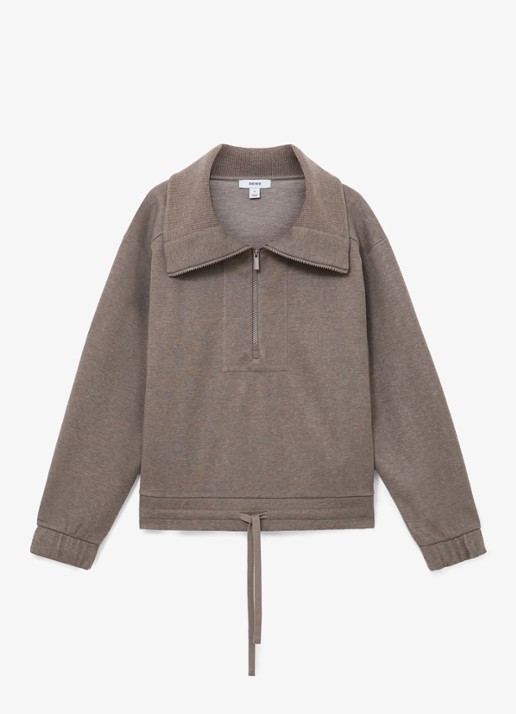 Reiss Layla sweater van wol en lyocell met hakve rits - voorkant bruin