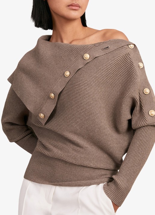 Reiss LEXI Rib-Knit Button Shawl Jumper - detail 4 taupe