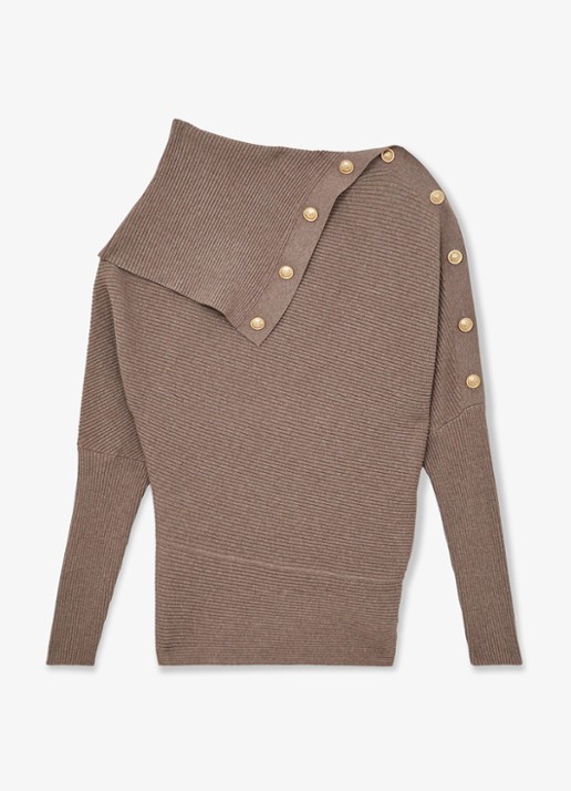 Reiss LEXI Rib-Knit Button Shawl Jumper - voorkant 2 taupe