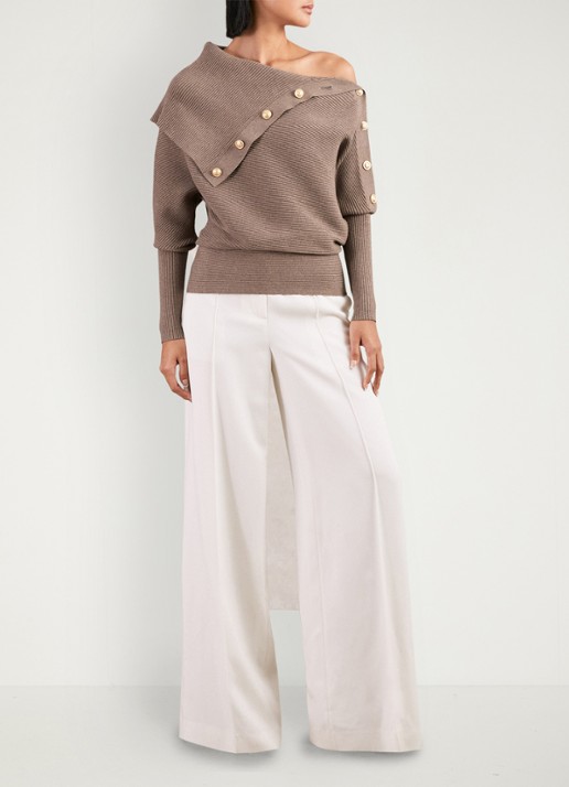 Reiss LEXI Rib-Knit Button Shawl Jumper - voorkant 3 taupe