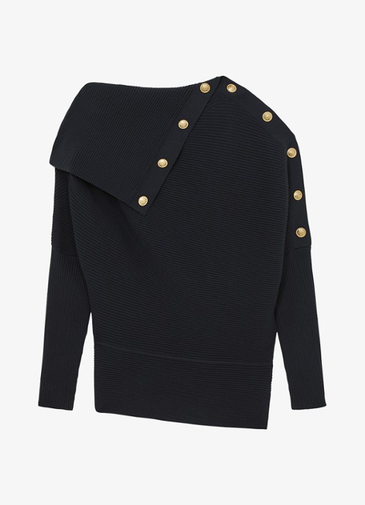 Reiss LEXI Rib-Knit Button Shawl Jumper - voorkant 2 donkerblauw