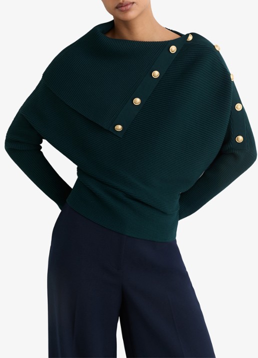 Reiss LEXI Rib-Knit Button Shawl Jumper - detail blauw