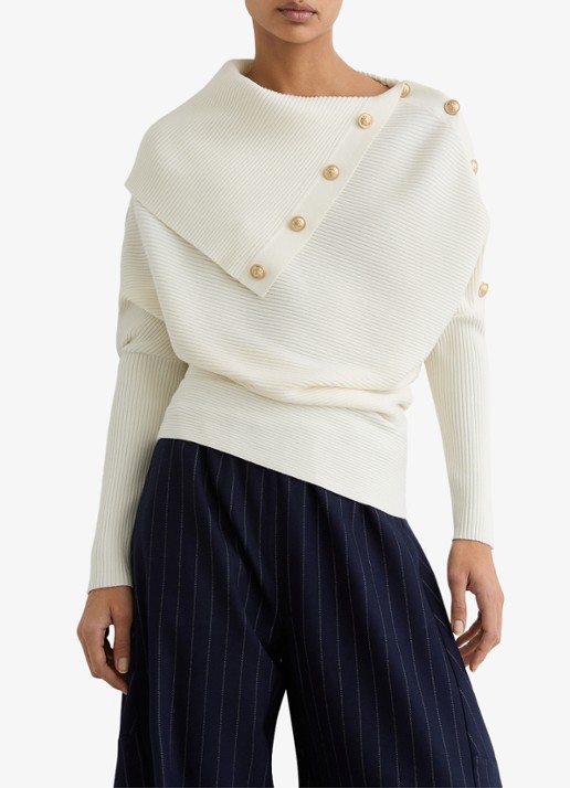 Reiss LEXI Rib-Knit Button Shawl Jumper - detail wit