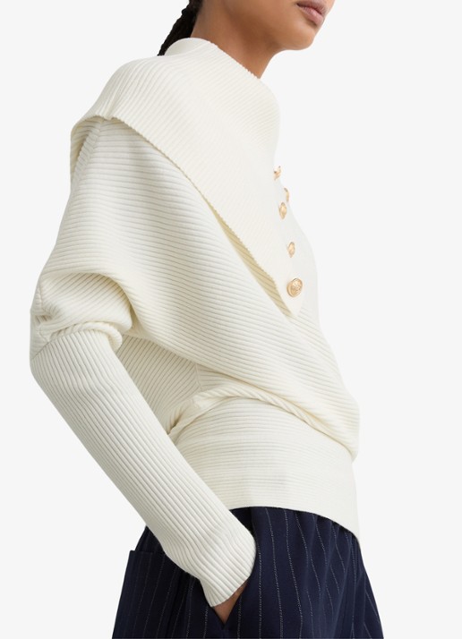 Reiss LEXI Rib-Knit Button Shawl Jumper - detail 3 wit