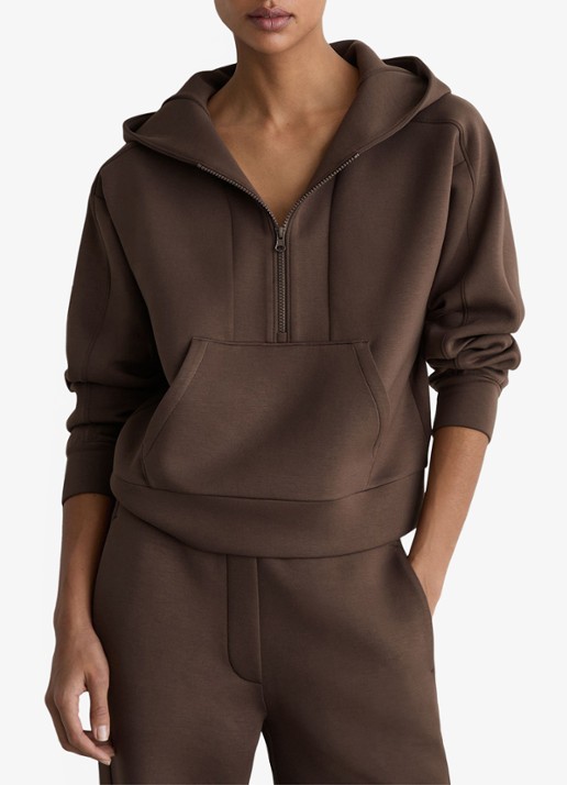 Reiss Lockie hoodie met halve rits - detail 3 donkerbruin