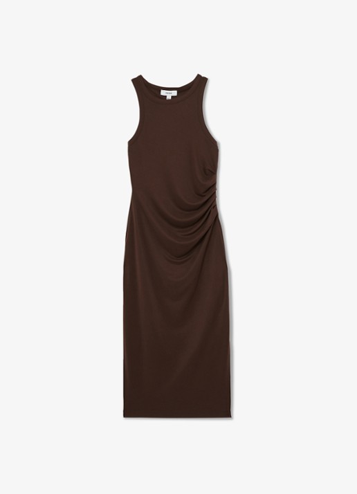 Reiss Lola midi jurk met plooidetail - voorkant 2 donkerbruin