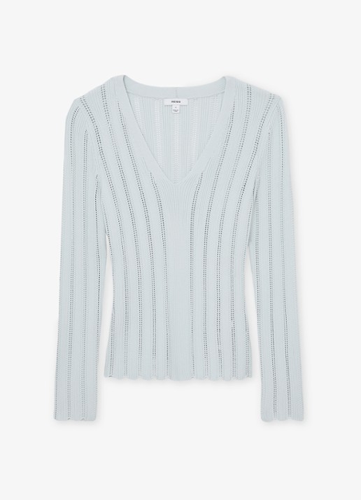 Reiss Loui ribgebreide trui met streepprint  - voorkant blauw