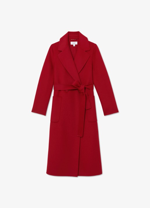 Reiss Lucia double-breasted mantel in wolblend met strikceintuur - voorkant rood