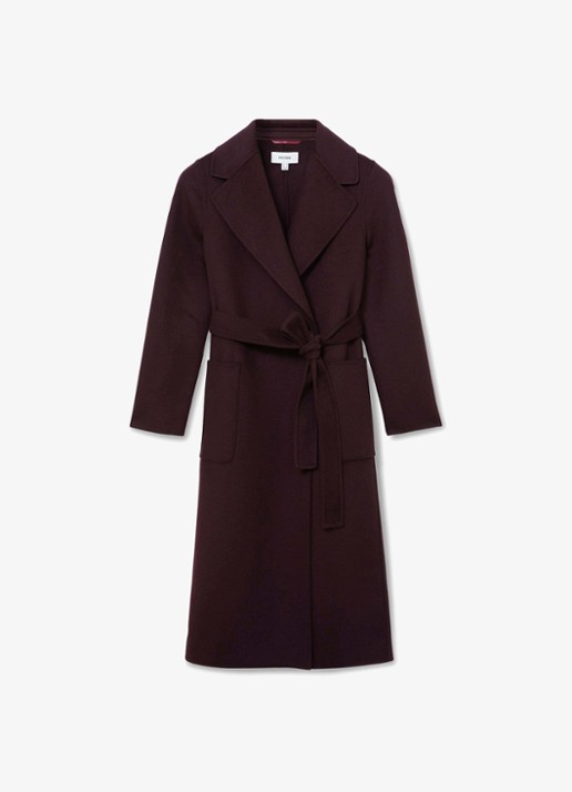 Reiss Lucia double-breasted mantel in wolblend met strikceintuur - voorkant paars