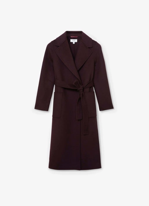 Reiss Lucia double-breasted mantel in wolblend met strikceintuur - voorkant paars