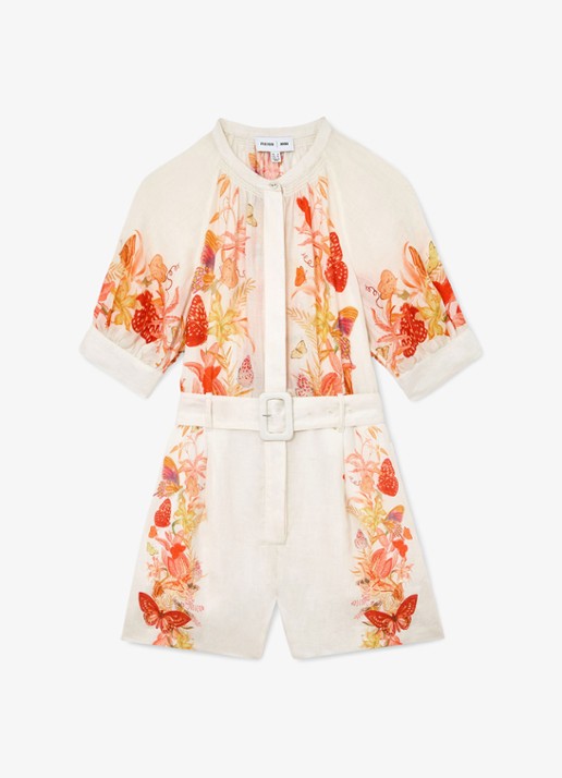 Reiss Lucia straight fit playsuit met strikceintuur en bloemenprint - voorkant oranje