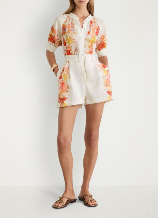Reiss Lucia straight fit playsuit met strikceintuur en bloemenprint - voorkant 2 oranje