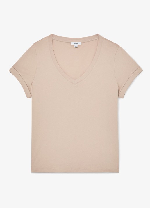 Reiss Luna T-shirt met V-hals  - voorkant 4 camel