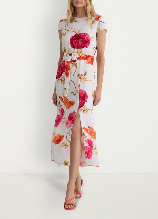 Reiss Lyra midi jurk met bloemenprint en ceintuur - voorkant 5 roze