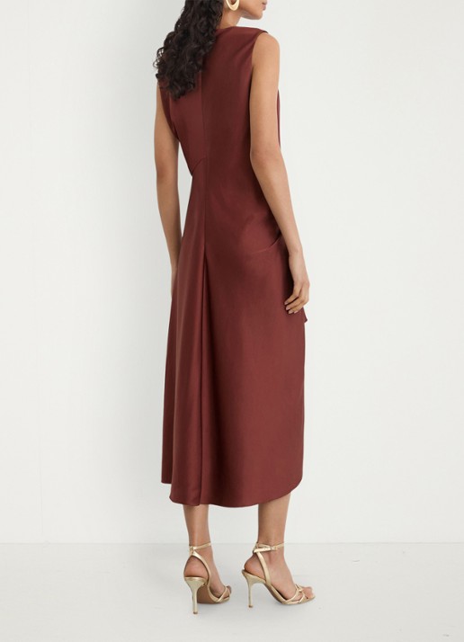 Reiss MABEL midi jurk van satijn met ruches  - achterkant 5 roestbruin