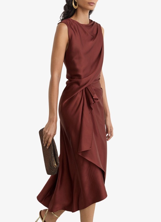 Reiss MABEL midi jurk van satijn met ruches  - detail 2 roestbruin