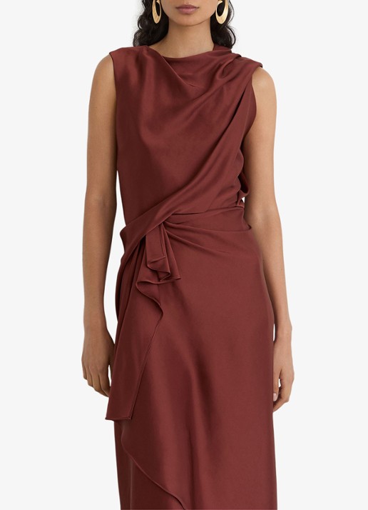 Reiss MABEL midi jurk van satijn met ruches  - detail 3 roestbruin