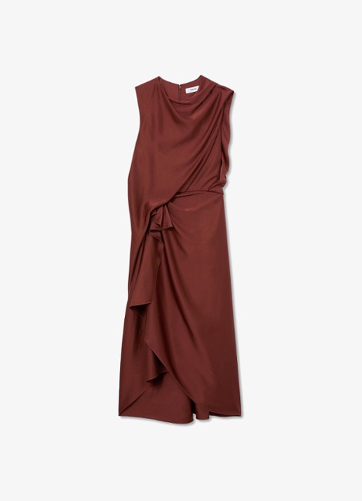 Reiss MABEL midi jurk van satijn met ruches  - voorkant 6 roestbruin
