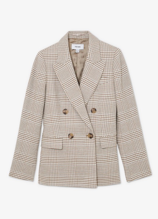 Reiss Maxwell double-breasted blazer met ruitdessin en klepzakken  - voorkant 6 beige