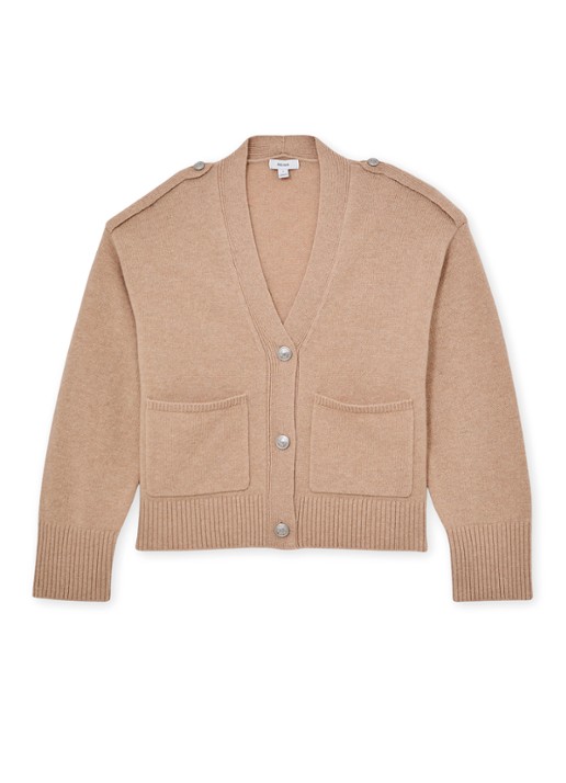 Reiss Maya fijngebreid vest in kasjmierblend met steekzakken - voorkant 2 beige