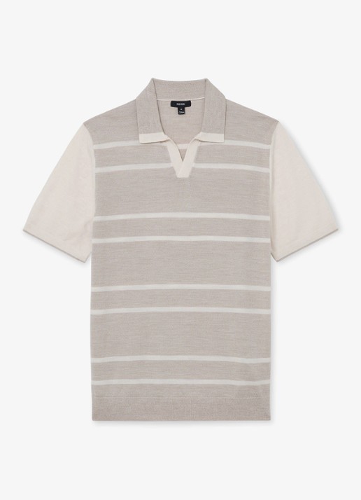 Reiss Miles slim fit polo van merinowol met streepprint - voorkant 5 oatmeal / wit