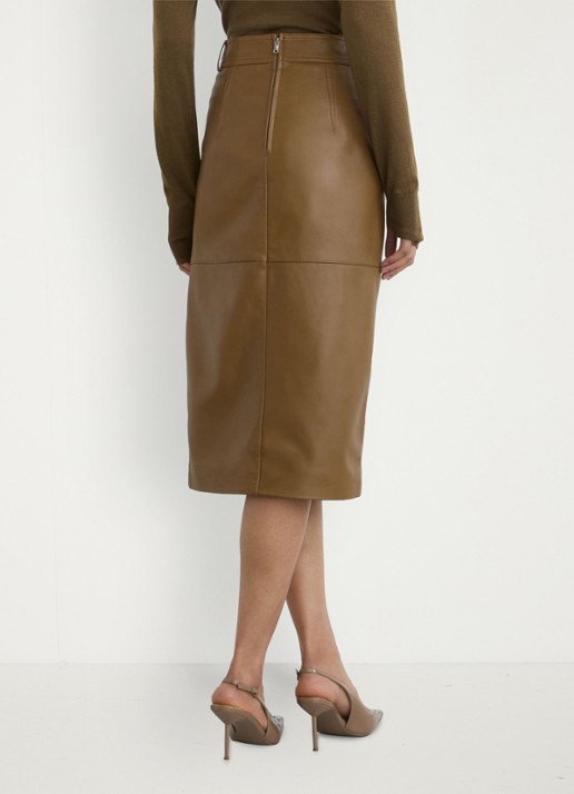 Reiss Milly midi kokerrok van leer - achterkant khaki