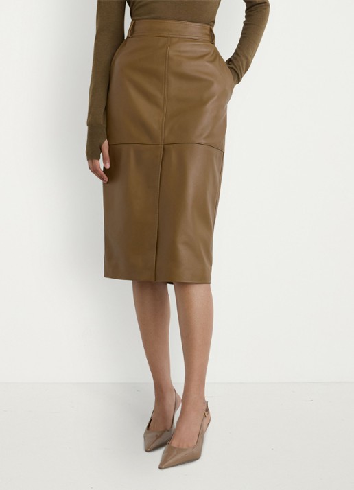 Reiss Milly midi kokerrok van leer - detail 2 khaki