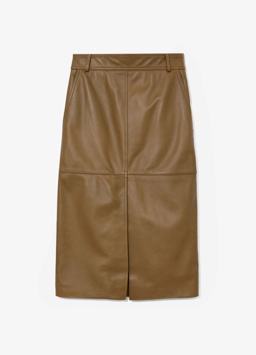 Reiss Milly midi kokerrok van leer - voorkant 6 khaki