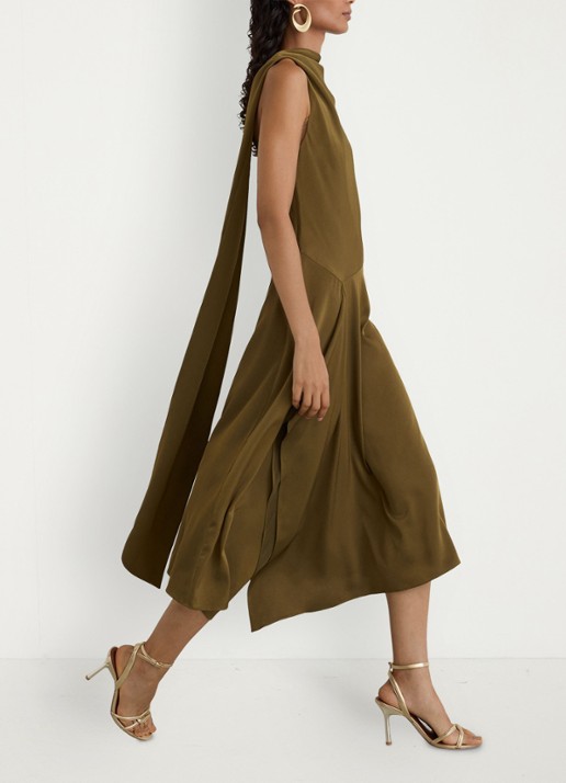 Reiss Naomi one shoulder maxi jurk van satijn met plooidetail - detail 2 khaki
