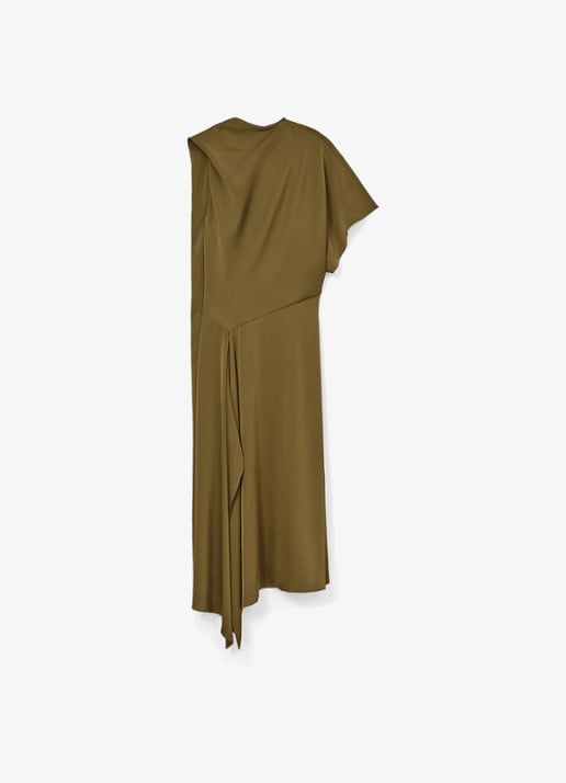 Reiss Naomi one shoulder maxi jurk van satijn met plooidetail - voorkant 6 khaki
