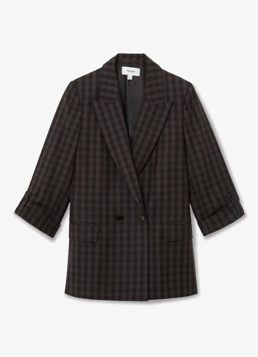 Reiss Nolah double-breasted blazer van wol met ruitdessin  - voorkant 4 donkerbruin