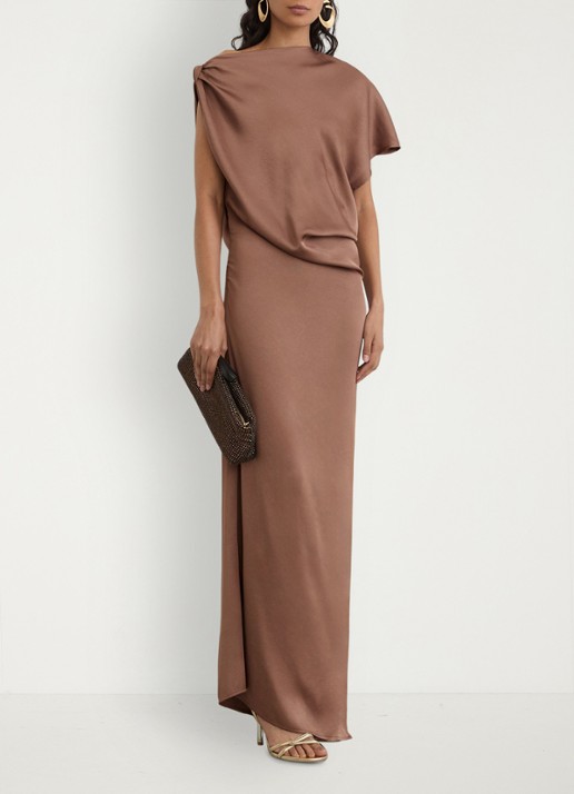 Reiss Paige maxi jurk met asymmetrische hals - voorkant 7 taupe