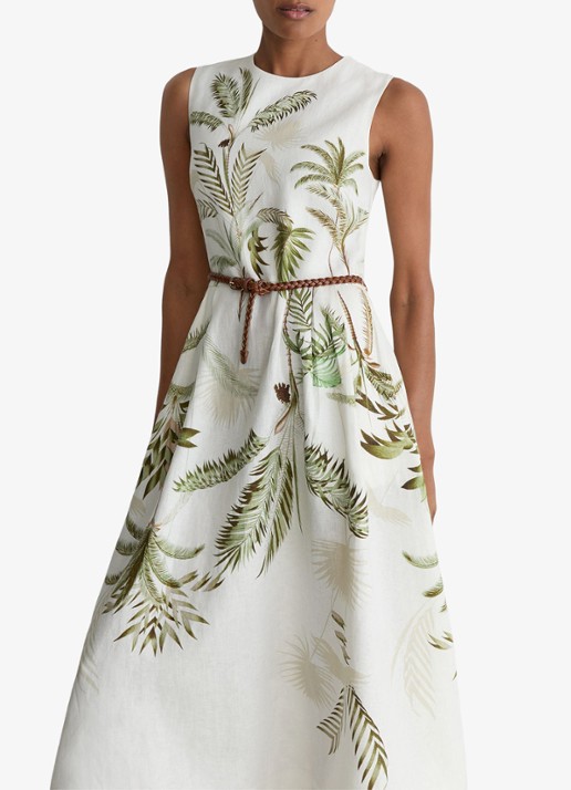 Reiss Palma midi jurk van linnen met print - detail ivoor