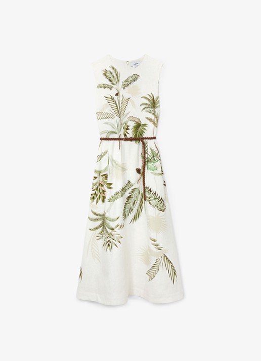 Reiss Palma midi jurk van linnen met print - voorkant 5 ivoor