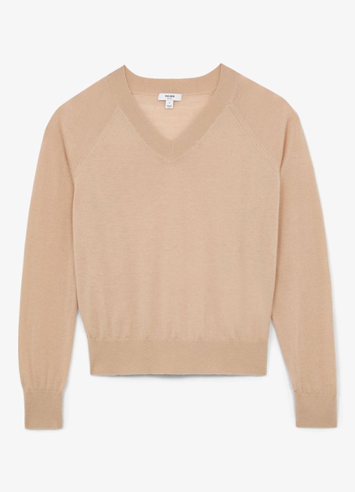 Reiss Paris fijngebreide pullover in merino wolblend - voorkant camel