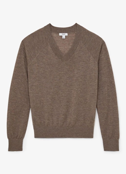 Reiss PARIS Ultra-Soft Merino Wool V-Neck Jumper - voorkant 6 zand