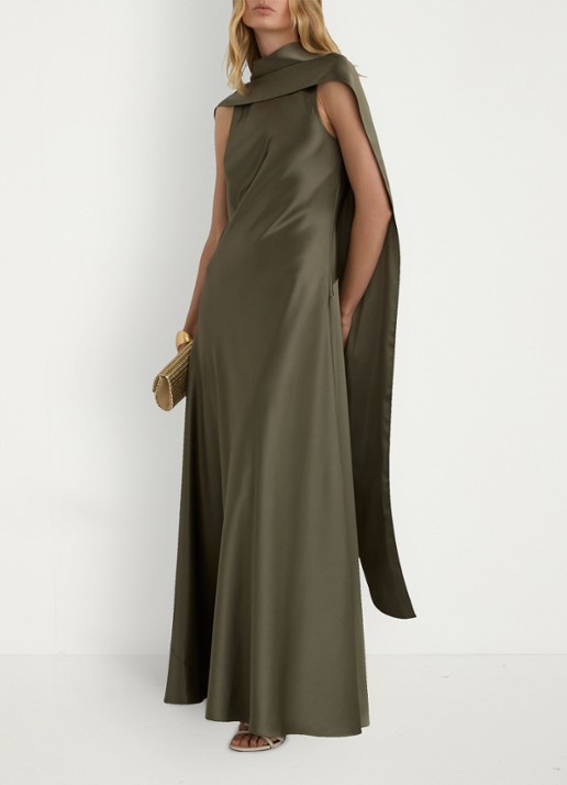 Reiss Petite Fae maxi jurk met sjaalkraag - voorkant 2 khaki
