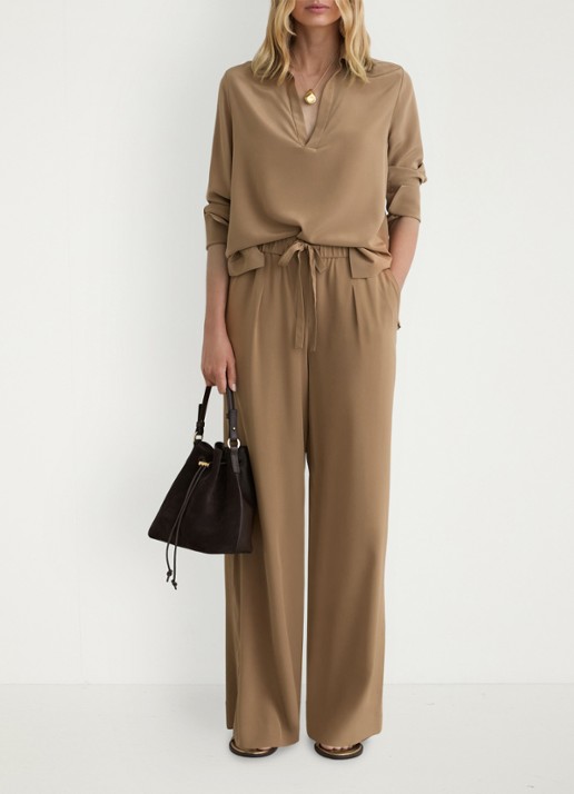 Reiss Petite Maria high waist wide fit pantalon van zijde - detail 6 camel