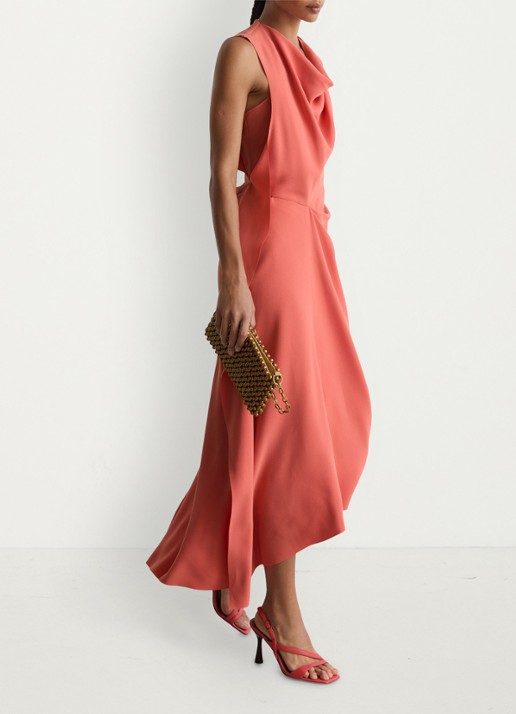 Reiss Petite midi jurk met watervalhals - detail 3 koraalroze