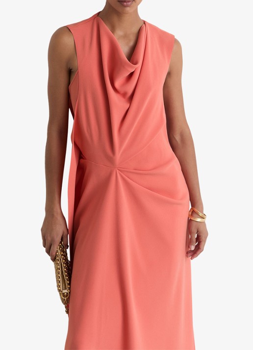 Reiss Petite midi jurk met watervalhals - detail 4 koraalroze