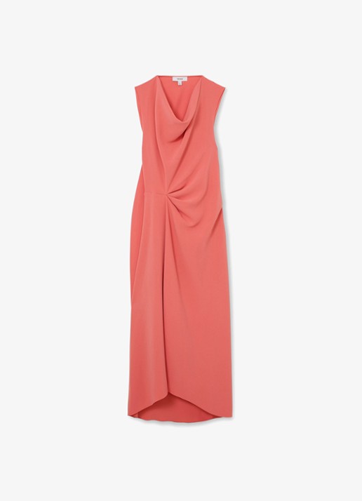 Reiss Petite midi jurk met watervalhals - voorkant 6 koraalroze