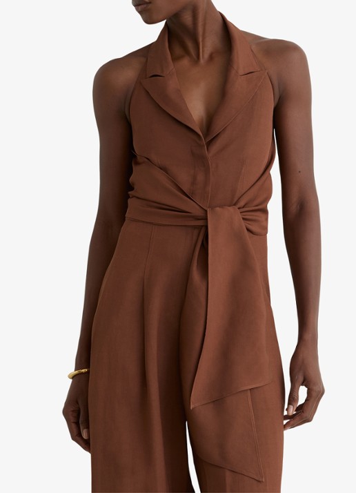 Reiss Petite Taya wide fit jumpsuit in linnenblend - detail 4 bruin