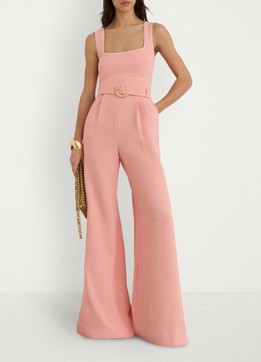 Reiss Petite wide fit jumpsuit met ceintuur - voorkant 3 oudroze