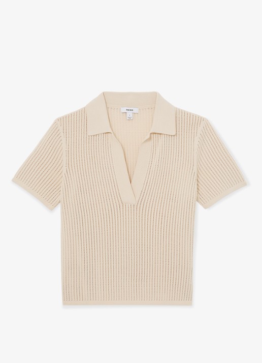 Reiss Pippa regular fit polo met opengewerkt dessin - voorkant 5 creme