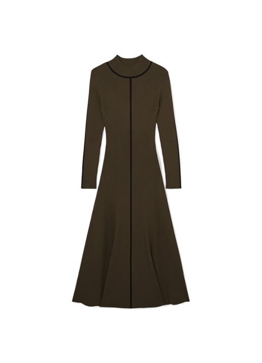 Reiss Polly midi ribgebreide jurk met opstaande kraag - voorkant 2 bronsgroen