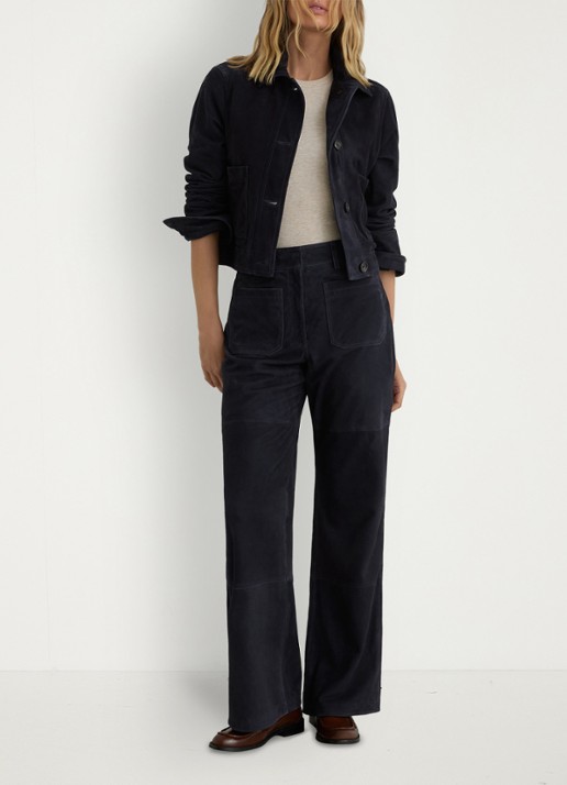 Reiss Priya high waist flared broek van van suède - voorkant 2 donkerblauw