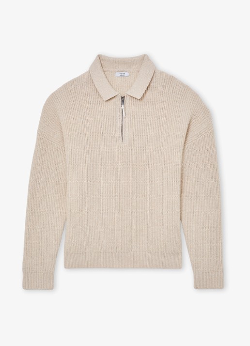 Reiss Prop ribgebreide trui met halve rits  - voorkant 2 beige