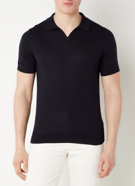 Reiss Regular fit fijngebreide polo van wol - detail donkerblauw