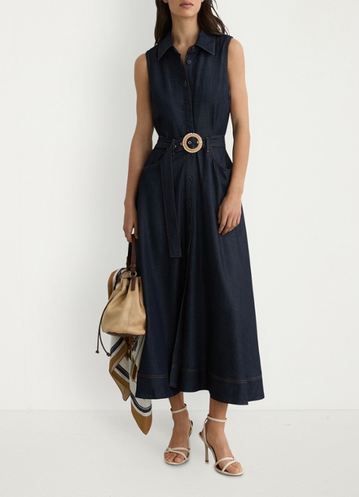 Reiss Remi midi blousejurk met ceintuur - voorkant 2 donkerblauw